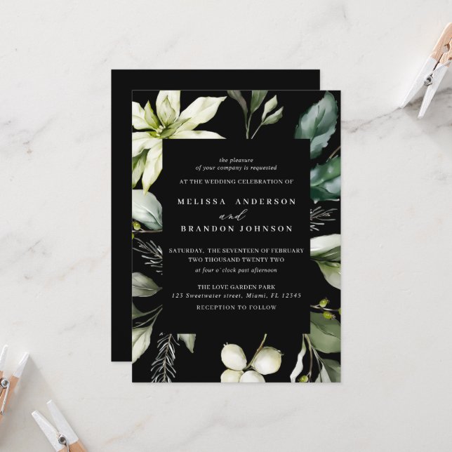 Greenery Black | Botanische Hochzeit mit Wasserfar Einladung (Vorderseite/Rückseite Beispiel)