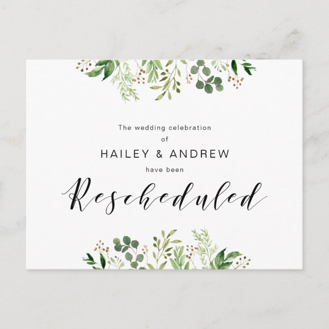 Greenery Black Modern Wedding Party neu geplant Postkarte (Vorderseite)