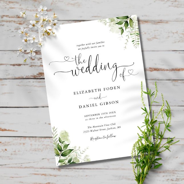 Greenery Blätter Chic Hearts Script Foto Wedding Einladung (Von Creator hochgeladen)