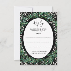 Greenery Blätter & Florets Monogram Black Reply RSVP Karte