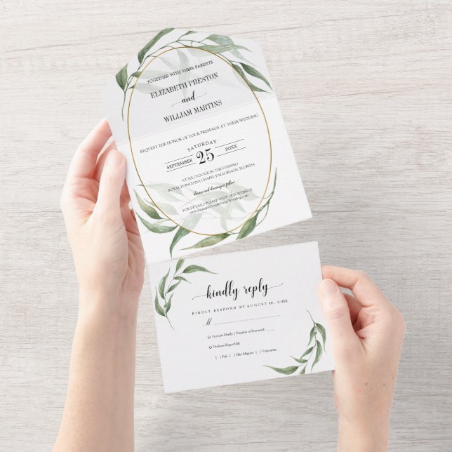 Greenery-Blätter Geometrische Rahmen Hochzeit mit  All In One Einladung (Abreißen)