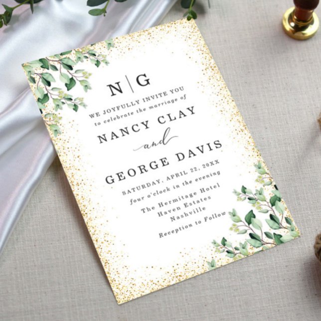 Greenery Blätter Gold Glitzer Monogram Wedding Einladung (Von Creator hochgeladen)