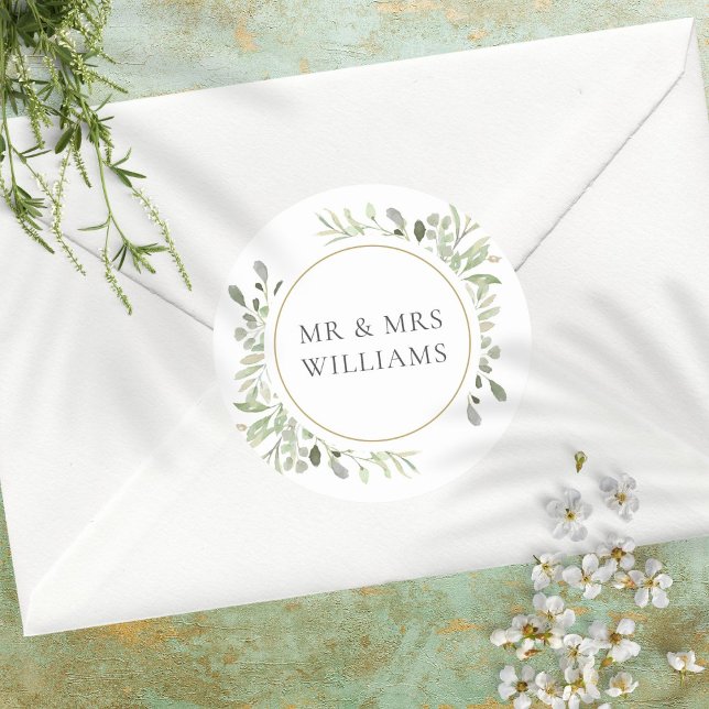 Greenery Blätter MR & MRS Gastgeschenk Hochzeit Runder Aufkleber (Von Creator hochgeladen)