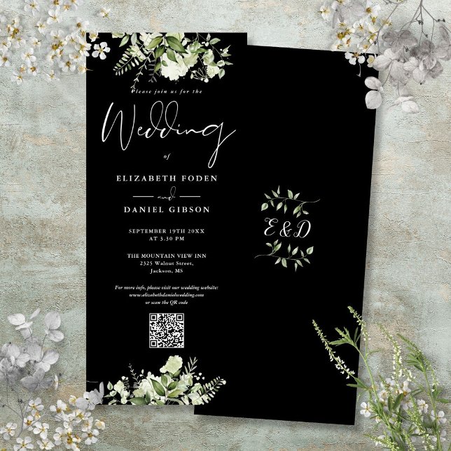 Greenery Bloral Black and White QR Code Hochzeit Einladung (Greenery Floral Black And White QR Code Wedding Invitation)