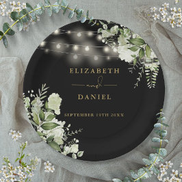 Greenery Bloral String Lights Black Gold Wedding Pappteller