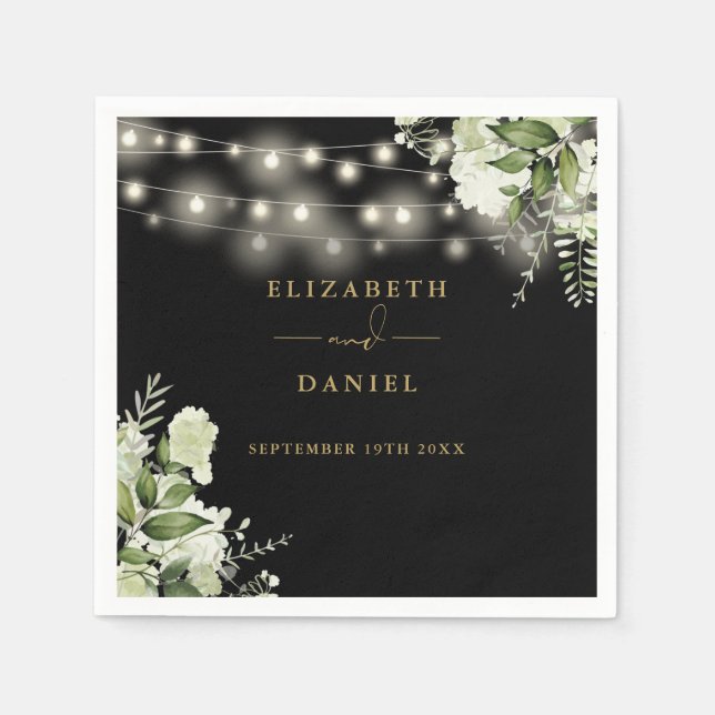 Greenery Bloral String Lights Black Gold Wedding Serviette (Vorderseite)