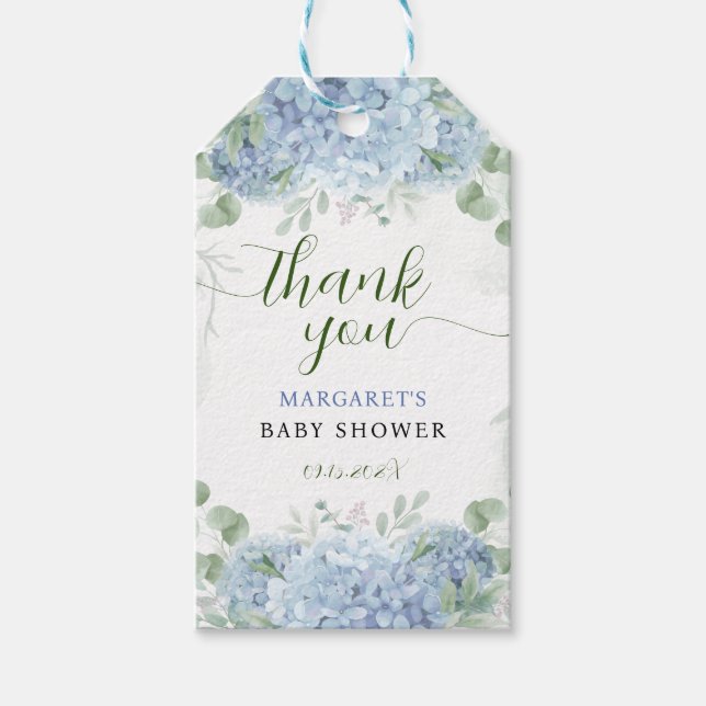 Greenery Blue Hydrangea Danke Baby Shower Geschenkanhänger (Vorderseite)