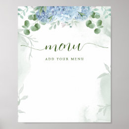 Greenery Blue Hydrangea Menu Baby Dusche Poster