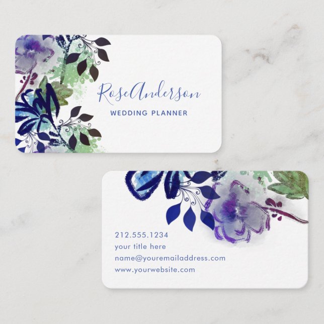 Greenery Blue Lila Floral Typografie Visitenkarte (Vorne/Hinten)