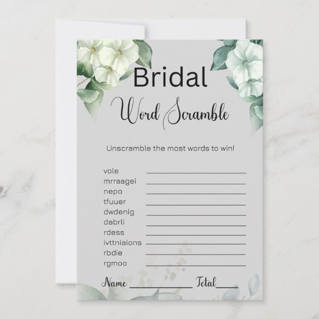 Greenery & Blume Bridal Gray Word Scramble Game Einladung (Vorderseite)