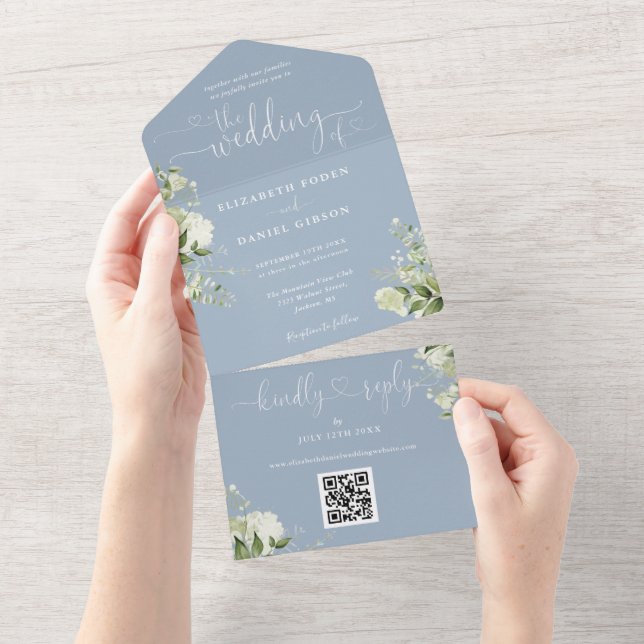 Greenery Blumenschrift Dusty Blue QR Code Wedding All In One Einladung (Abreißen)
