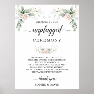 Greenery Blush Floral Gold Unplugged Zeremony Sign Poster