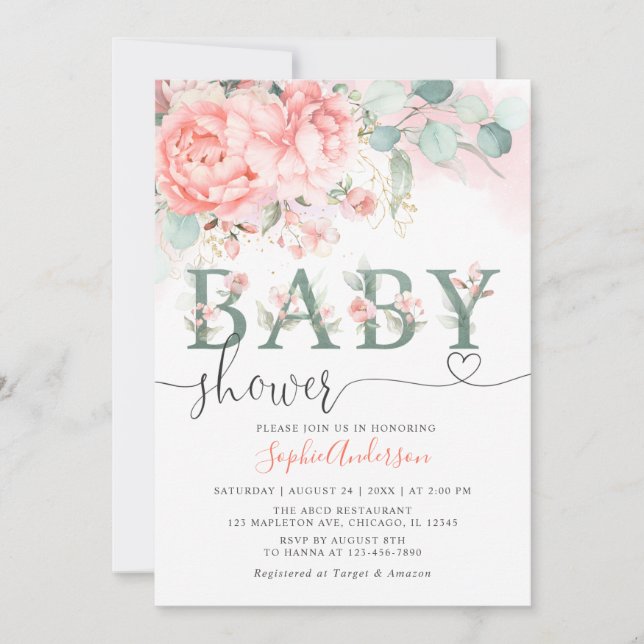 Greenery Blush Pink Rose Gold Elegant Baby Dusche Einladung (Vorderseite)