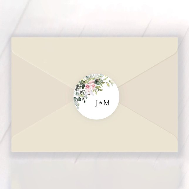 Greenery Blush Pink Wedding Classic Round Sticker (Von Creator hochgeladen)