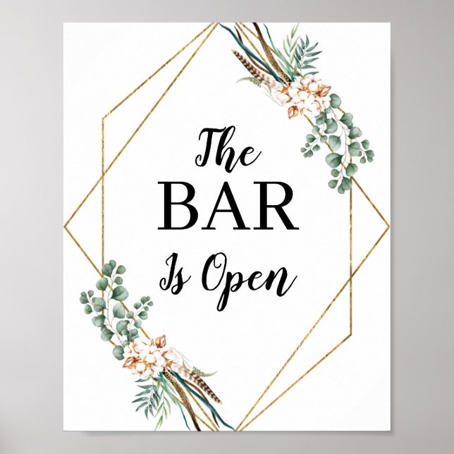Greenery Boho Glitzer Frame Open Bar Menu Zeichen Poster (Vorne)