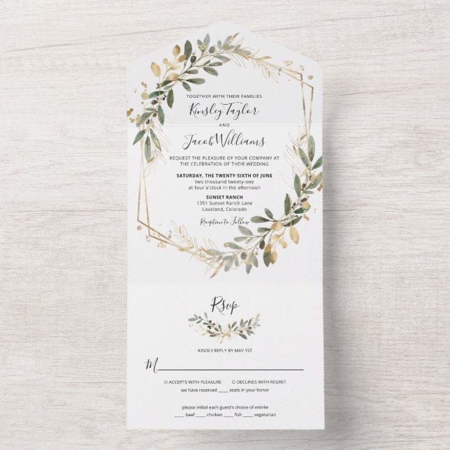 Greenery Boho Sage und Gold Geometric Wedding All In One Einladung (Innen Boden)