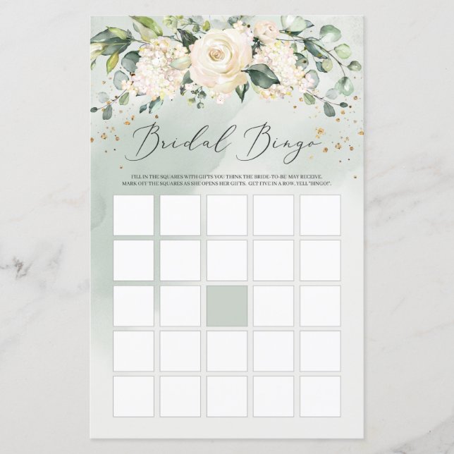 Greenery Boho White Roses Floral Bingo Game (Vorderseite)