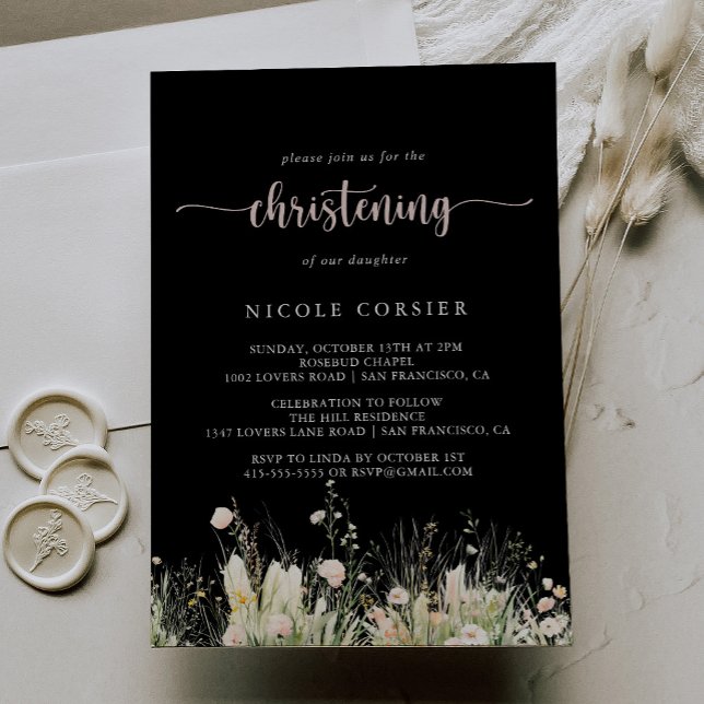 Greenery Boho Wildblume Black Christening Einladung (Von Creator hochgeladen)