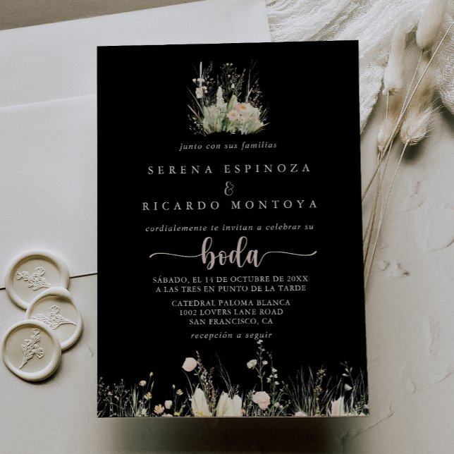 Greenery Boho Wildblume Black Spanish Wedding Einladung (Von Creator hochgeladen)