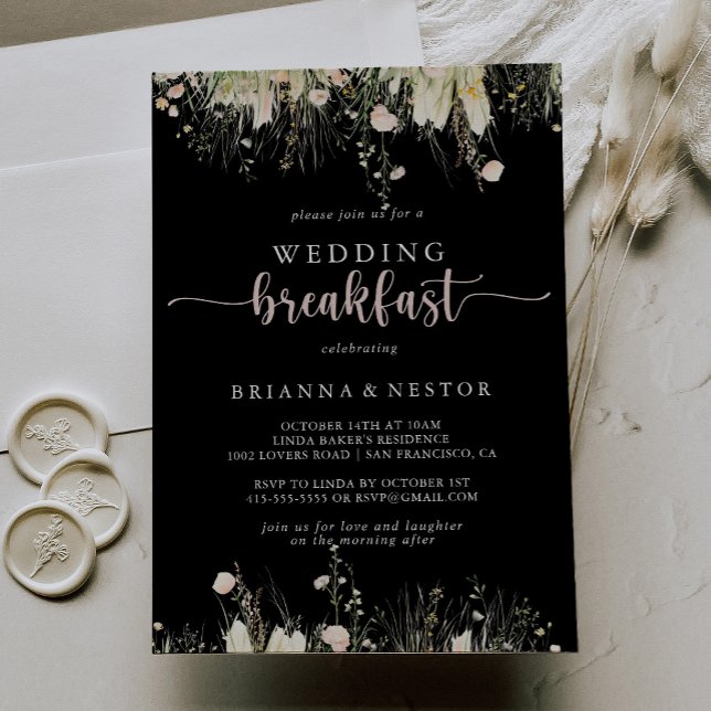 Greenery Boho Wildblume Black Wedding Breakfast Einladung (Von Creator hochgeladen)