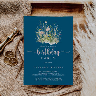 Greenery Boho Wildblume Navy Geburtstagsparty Einladung