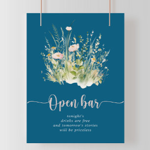 Greenery Boho Wildblume Navy Wedding Open Bar Poster