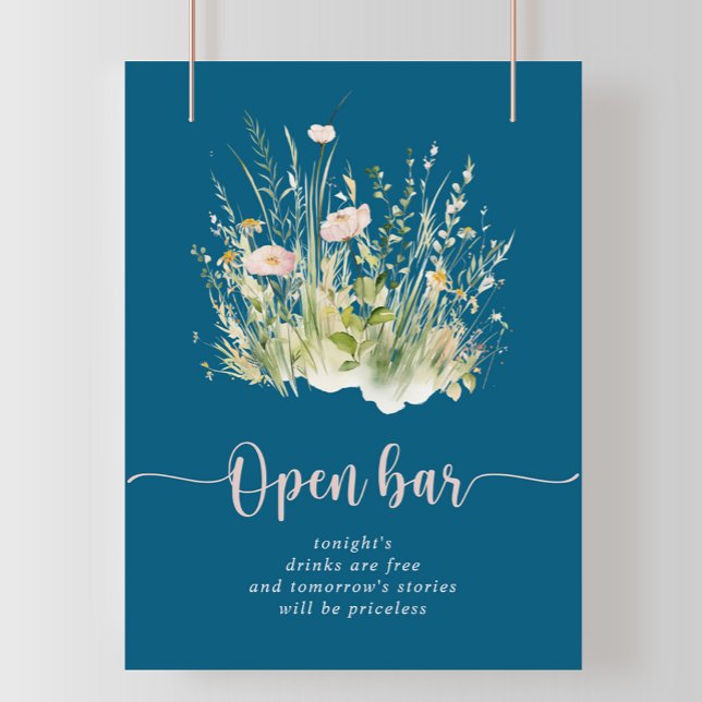 Greenery Boho Wildblume Navy Wedding Open Bar Poster (Von Creator hochgeladen)