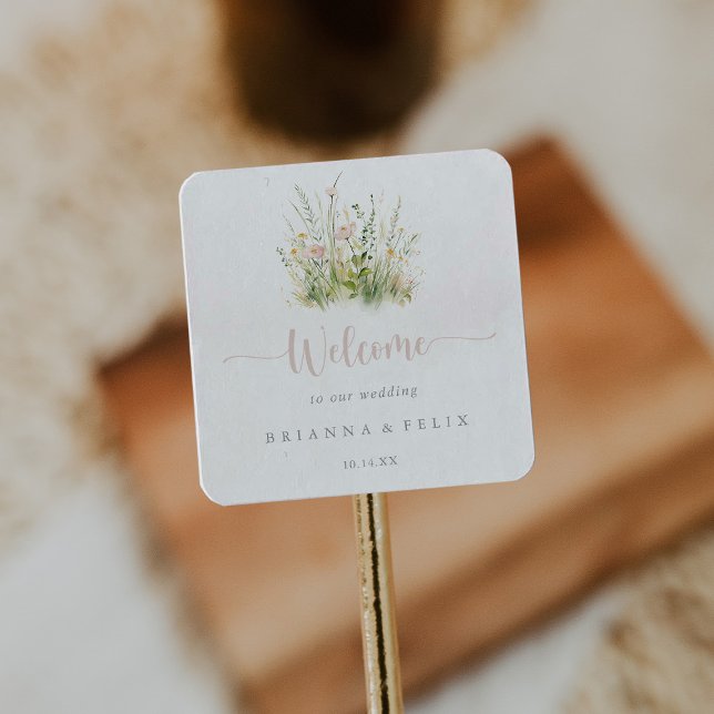 Greenery Boho Wildblume Wedding Willkommen Quadratischer Aufkleber (Von Creator hochgeladen)