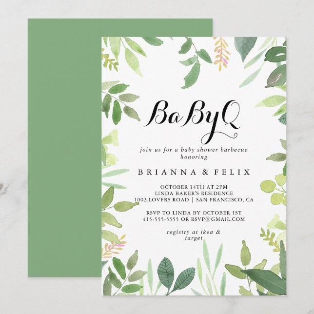 Greenery Botanical BabyQ Baby Duschgrill Einladung (Vorne/Hinten)
