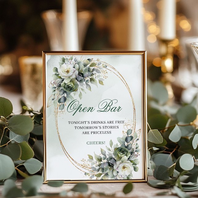 Greenery Botanical Gold Open Bar Tischschild Poster (Greenery Botanical Gold Open Bar Tabletop Sign)