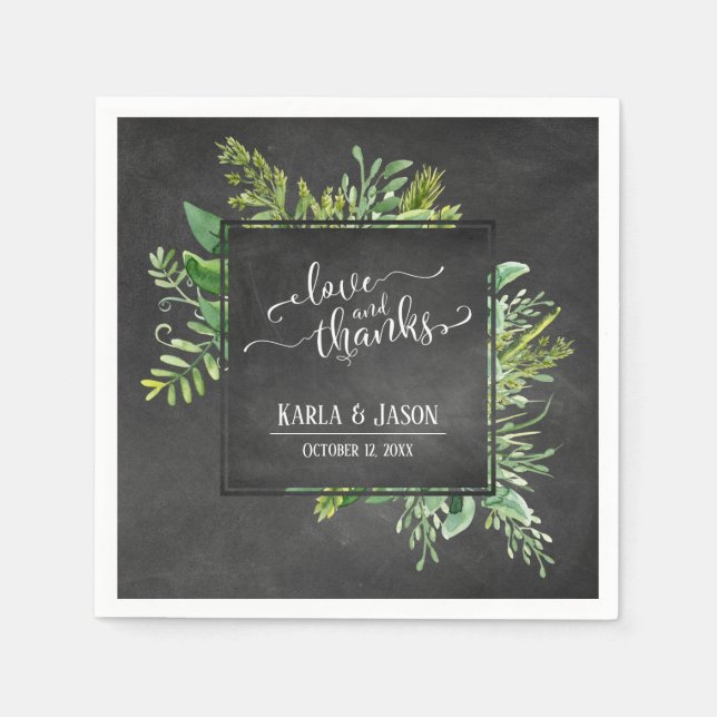 Greenery Bouquet Liebe und dank Script Chalkboard Serviette (Vorderseite)