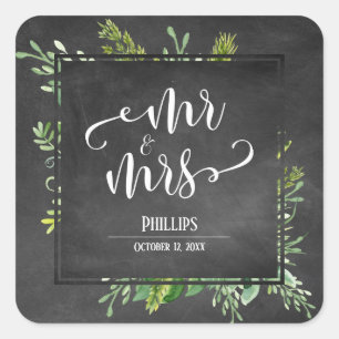 Greenery Bouquet Mr & Mrs Typografy Chalkboard Quadratischer Aufkleber