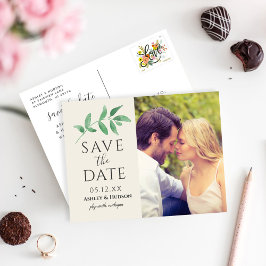 Greenery Branch Wedding Foto Save the Date Creme Ankündigungspostkarte
