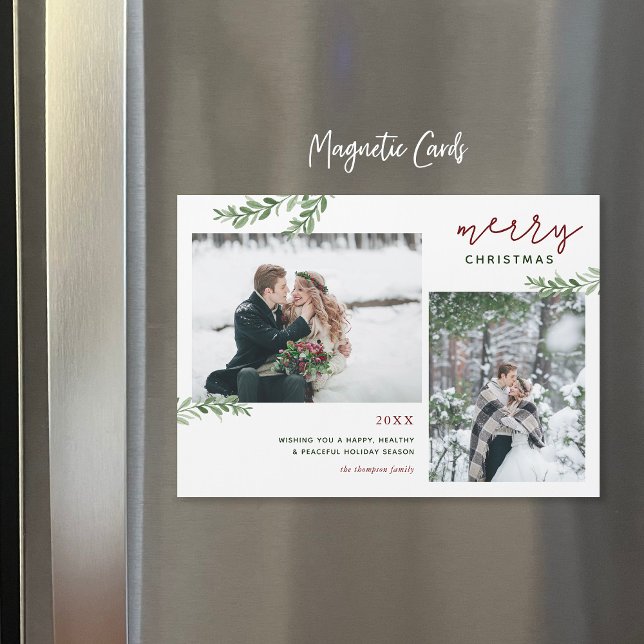 Greenery Branches 2 Photo Magnetic Christmas Card Magnetkarte (Von Creator hochgeladen)