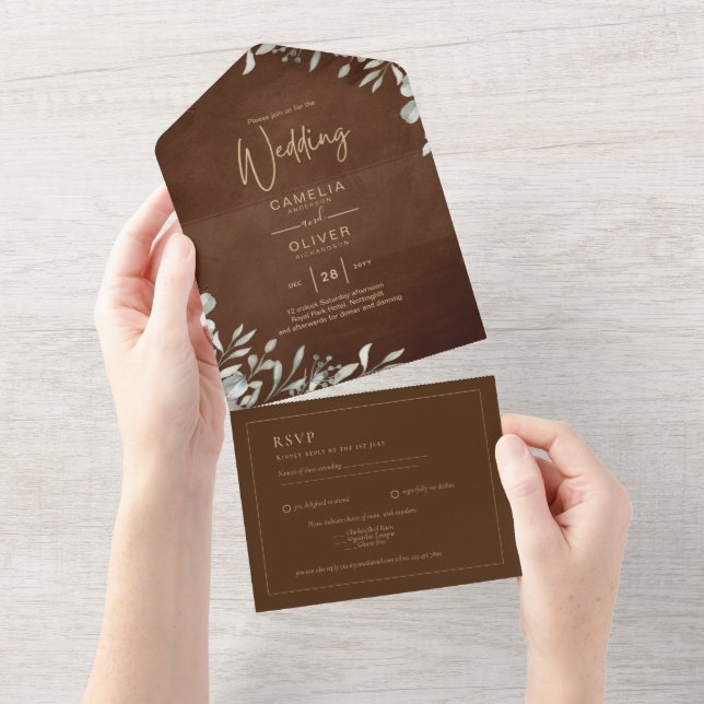 Greenery Brown Wedding Fall Winter All In One Einladung (Abreißen)