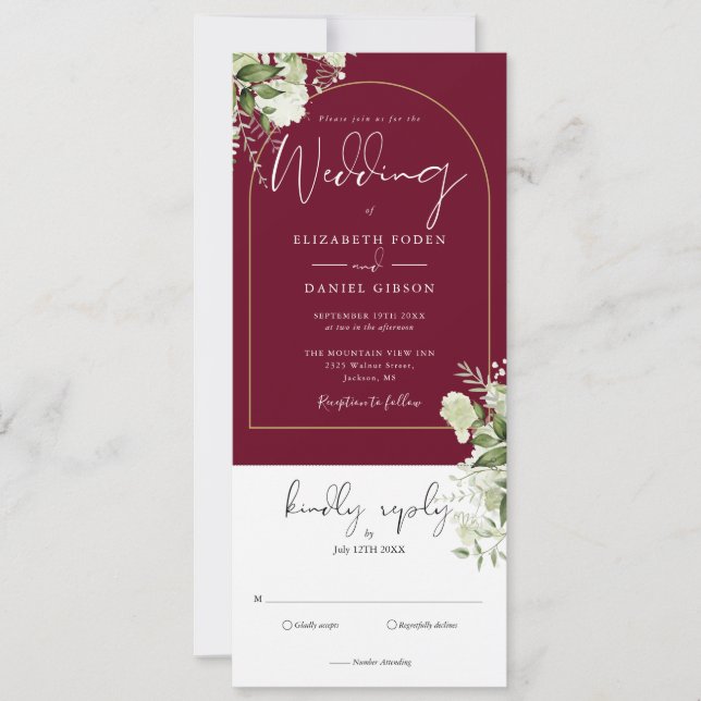 Greenery Burgundy Gold Arch auf einer Hochzeit Einladung (Vorderseite)