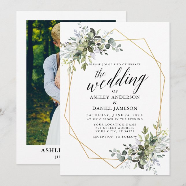 Greenery Calligraphy Geometric Foto Wedding Einladung (Vorne/Hinten)