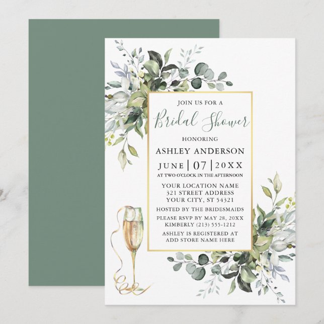 Greenery Champagne Glass Sage Green Brautparty Einladung (Vorne/Hinten)