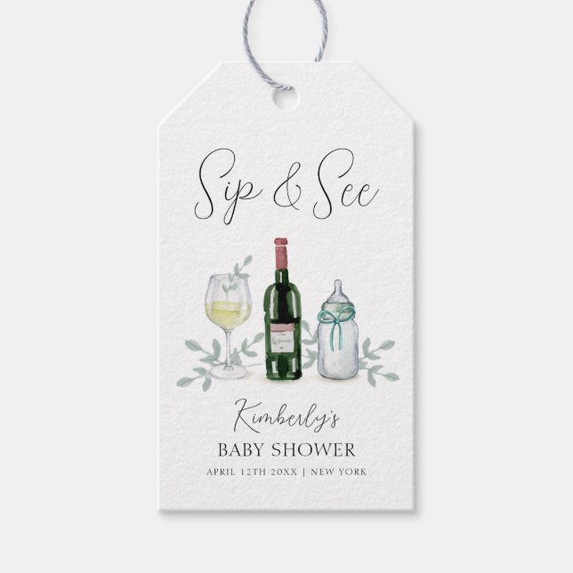 Greenery Champagne Sip & See Baby Dusche Geschenkanhänger (Vorderseite)
