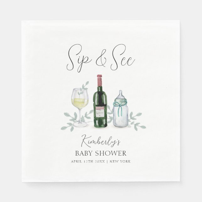 Greenery Champagne Sip & See Baby Dusche Serviette (Vorderseite)