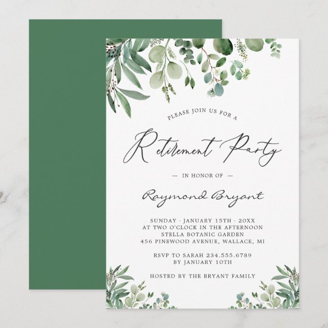 Greenery Chic Eucalyptus Verlasse Ruhestand Party Einladung (Vorne/Hinten)