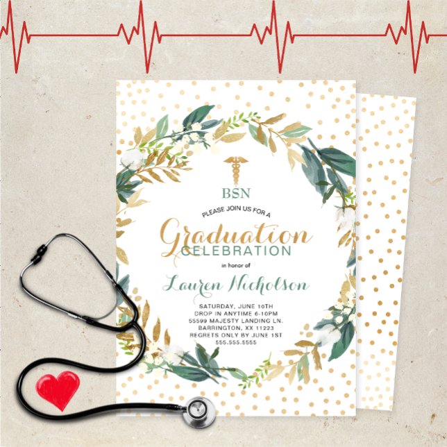 Greenery Confetti Nursing School Graduation Party Einladung (Von Creator hochgeladen)