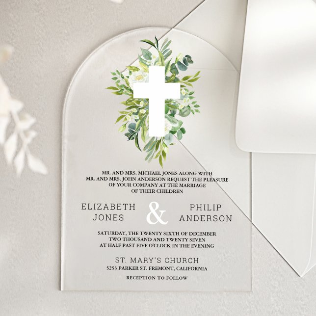 Greenery Cross Catholic Wedding Acryleinladungen (Von Creator hochgeladen)