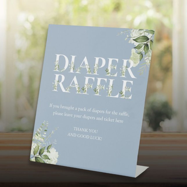 Greenery Diaper Raffle Dusty Blue Baby Dusche Sockelschild (Greenery Diaper Raffle Dusty Blue Baby Shower Pedestal Sign)