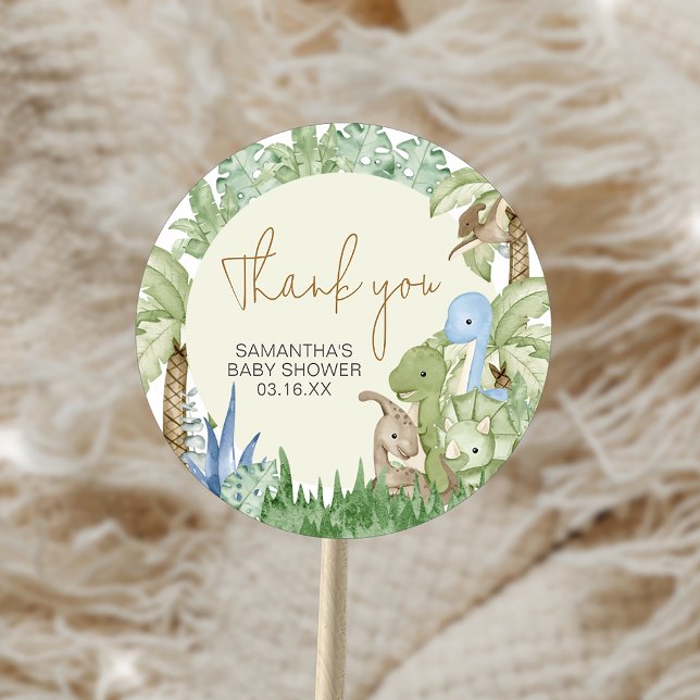 Greenery Dinosaur Babydusche Runder Aufkleber (Greenery Dinosaur Baby Shower Sticker)
