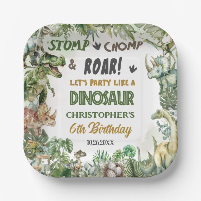 Greenery Dinosaurs Jurassic Boy Birthday Party Pappteller (Vorderseite)