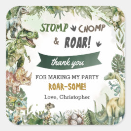 Greenery Dinosaurs Jurassic Boy Birthday Party Quadratischer Aufkleber