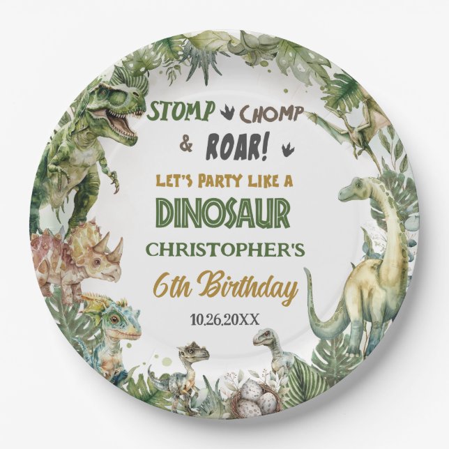 Greenery Dinosaurs Jurassic Boy Birthday Round Pappteller (Vorderseite)