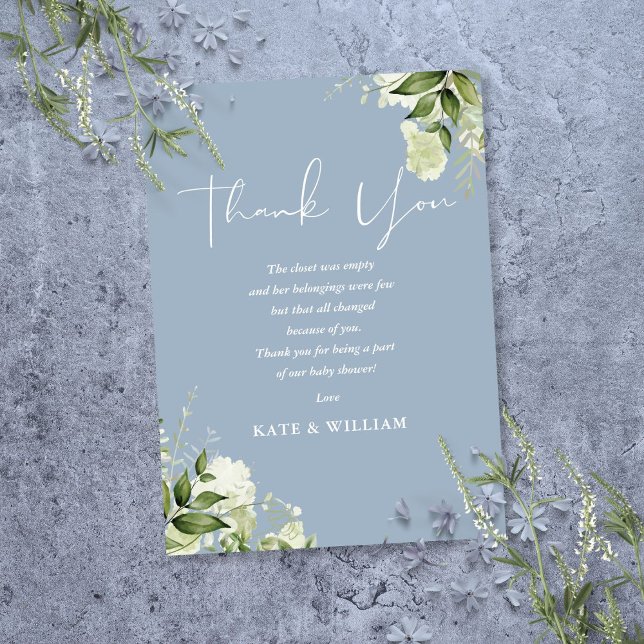 Greenery Dusty Blue Baby Shower Gedicht Dankeskarte (Greenery Dusty Blue Baby Shower Poem Thank You Card)
