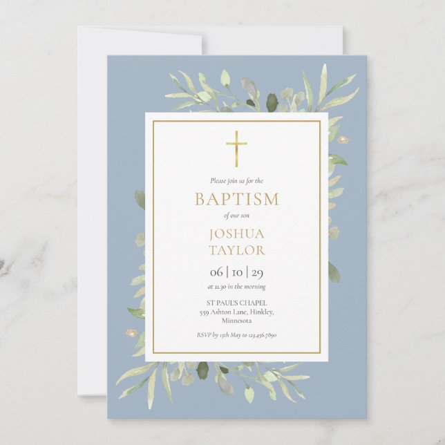 Greenery Dusty Blue Baptism Christening QR Code Einladung (Vorderseite)